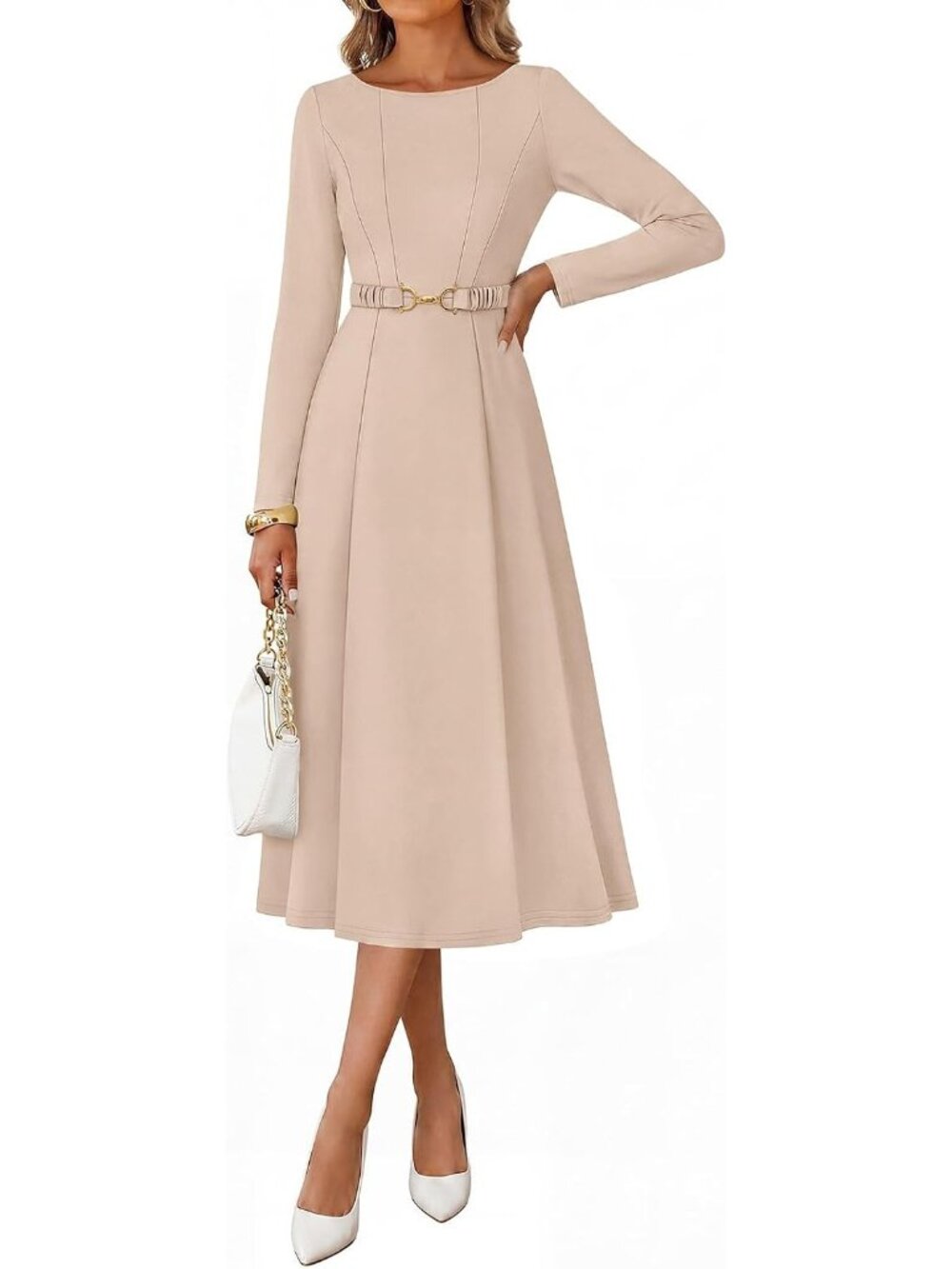 Women's Apricot Fall Long Sleeve Boat Neck Semi Formal Midi Dresses With Pockets